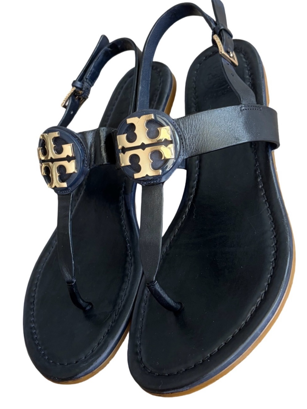 Tory Burch Black Leather Thong Sandals with Gold Logo Accent - Picture 3 of 14